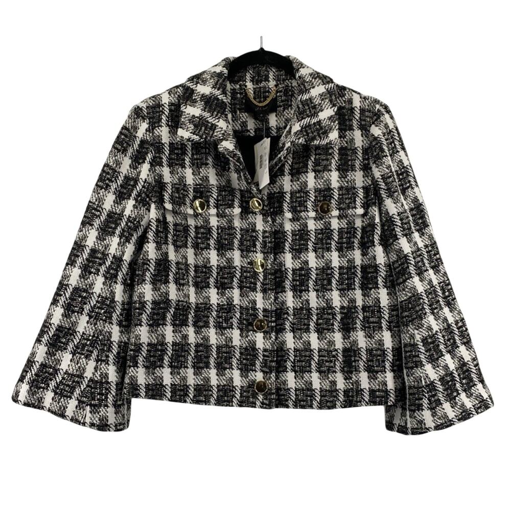 NWT J.Crew Jacket Black White Tweed Check Flared Sleeves Coquette Preppy Size 6